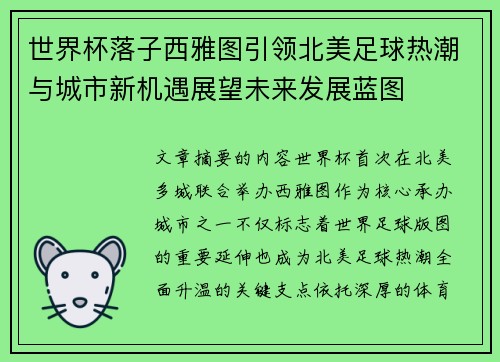 世界杯落子西雅图引领北美足球热潮与城市新机遇展望未来发展蓝图