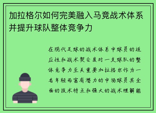 加拉格尔如何完美融入马竞战术体系并提升球队整体竞争力