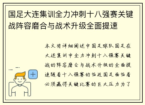 国足大连集训全力冲刺十八强赛关键战阵容磨合与战术升级全面提速